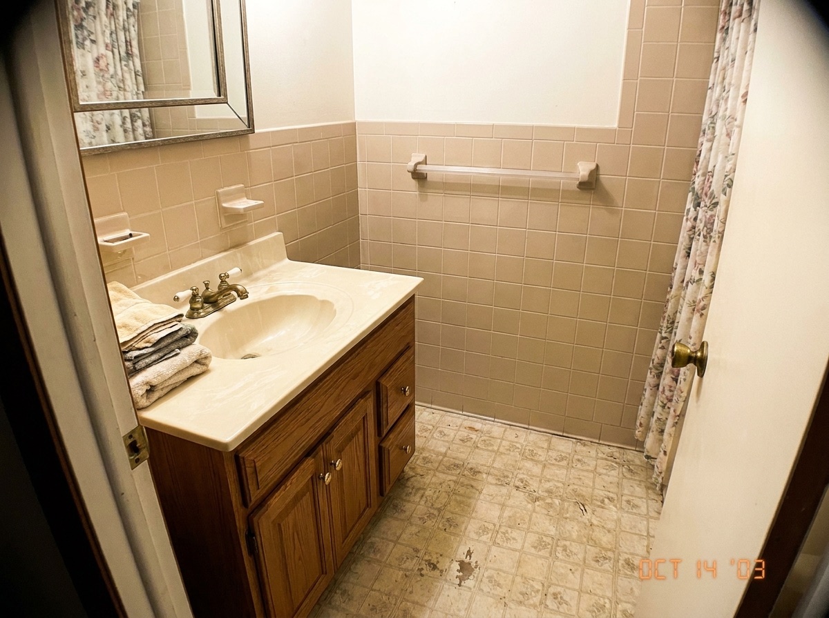 Dated beige bathroom before remodeling