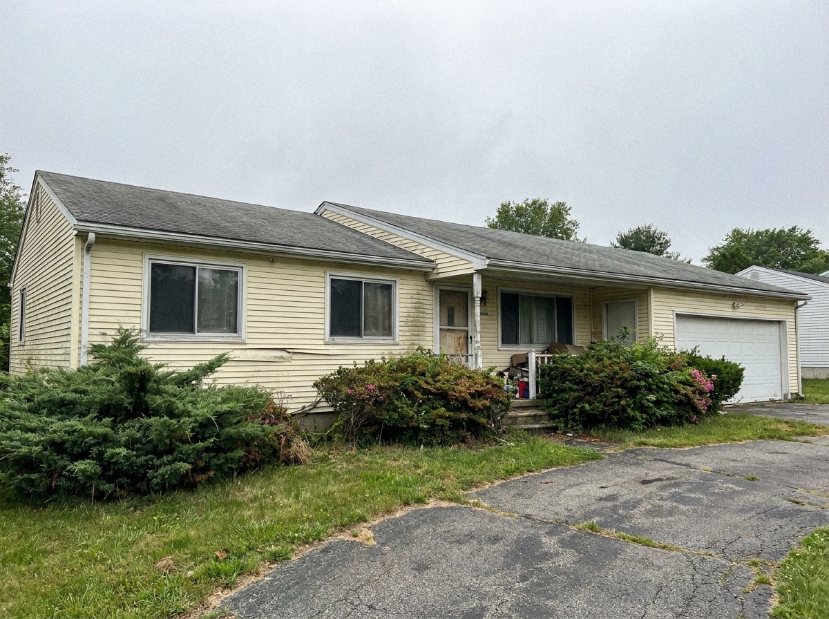 Worn ranch home exterior before siding replacement