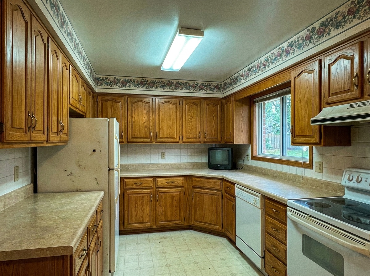 Dated 1990s kitchen with oak cabinets before remodeling